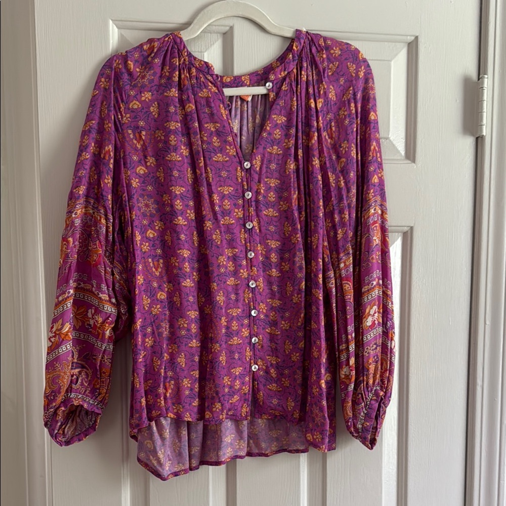 Spell Purple Floral Button-Front Boho Blouse